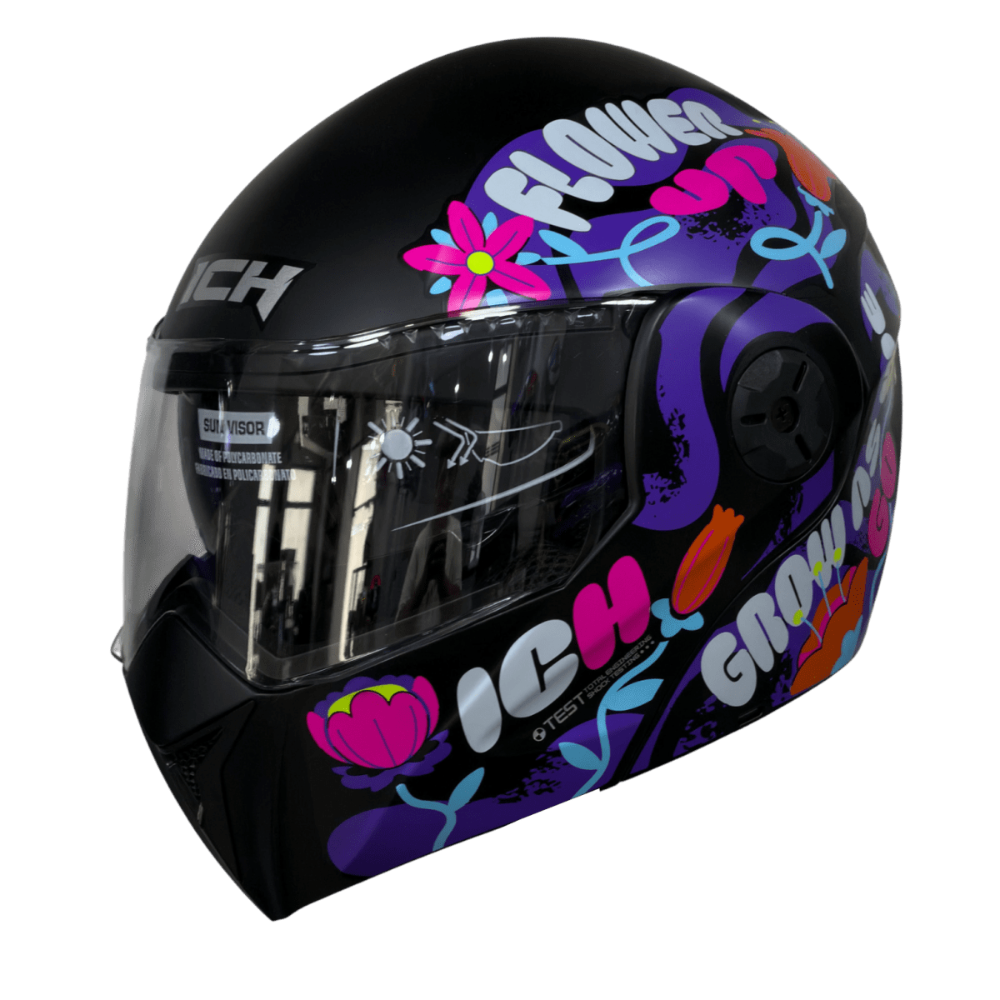 Casco moto ich 3110 jr flower up fc abatible con sun visor certificación dot