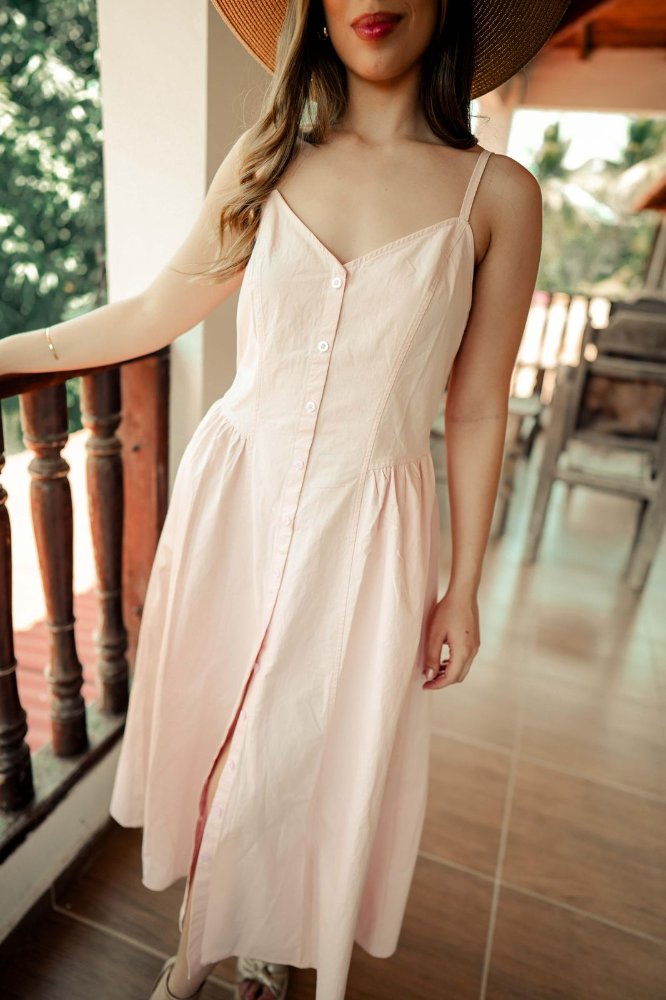 D5452A M- VESTIDO MIDI  CON BOTONES DELANTEROS Y ELASTICOS EN LA PARTE TRASERA