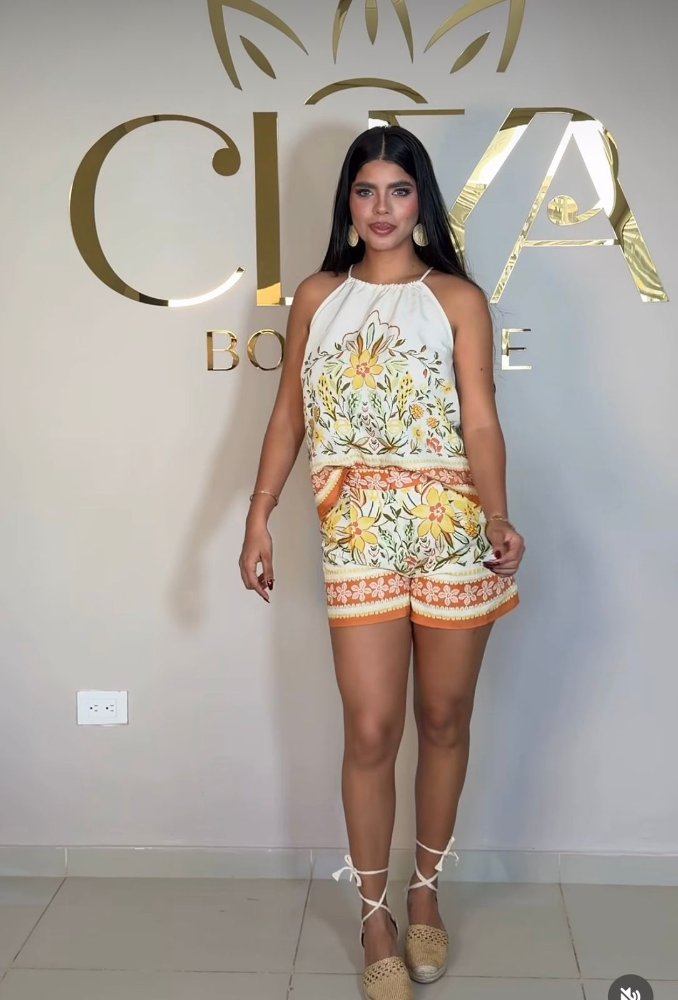 47084 M SET ESTAMPADO AMARILLO Y MOZTAZA TOP SIN MANGA Y SHORT