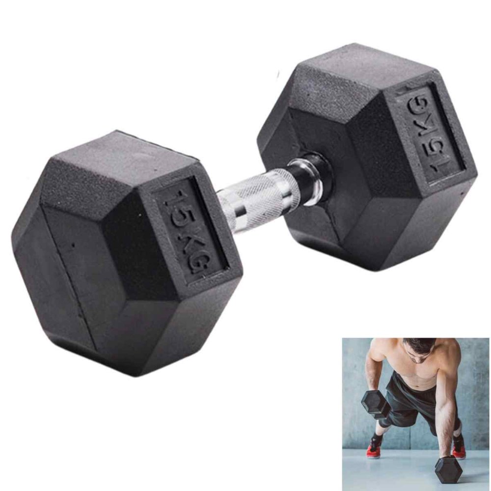 Mancuerna Hexagonal Cromada De Caucho 15kg Negro