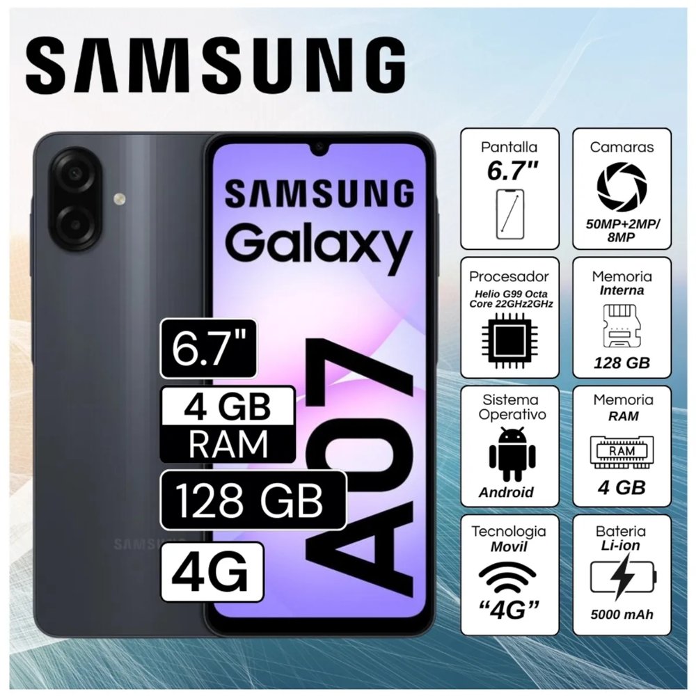 SAMSUNG Galaxy A07 6.7" 4GB 128GB 50MP + 2MP Negro