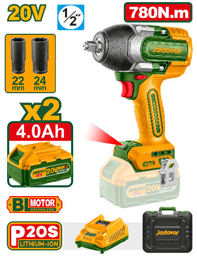 LLAVE DE IMPACTO BL 1/2” 20V 780NM 2200BPM 2X4.0AH +ACC +MALETIN INDUSTRIAL JADEVER