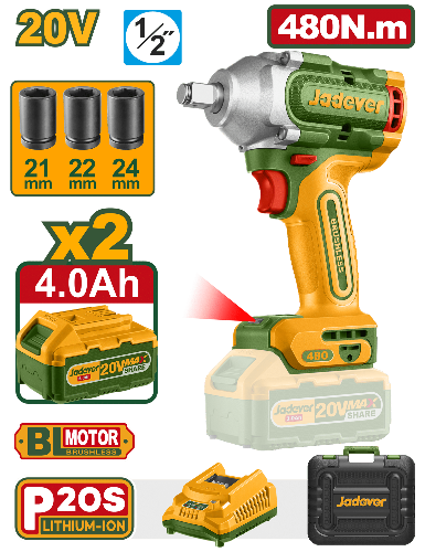LLAVE DE IMPACTO BL 1/2” 20V 480NM JADEVER