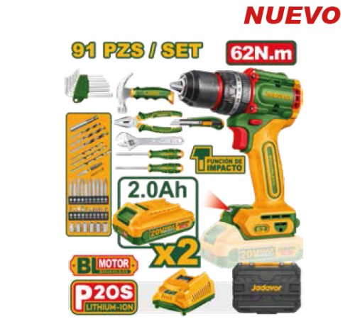 Taladro Percutor a Bateria 13mm - 62Nm - 20V - JADEVER - 91 PZA Incluye 2 Baterias y Cargador