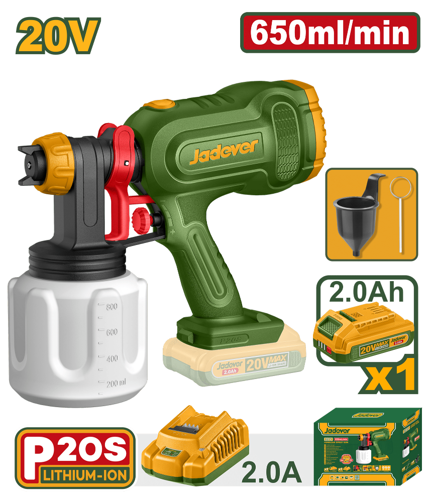 PISTOLA PINTAR 20V 650ML/MIN CAP:800ML 1X2.0AH JADEVER
