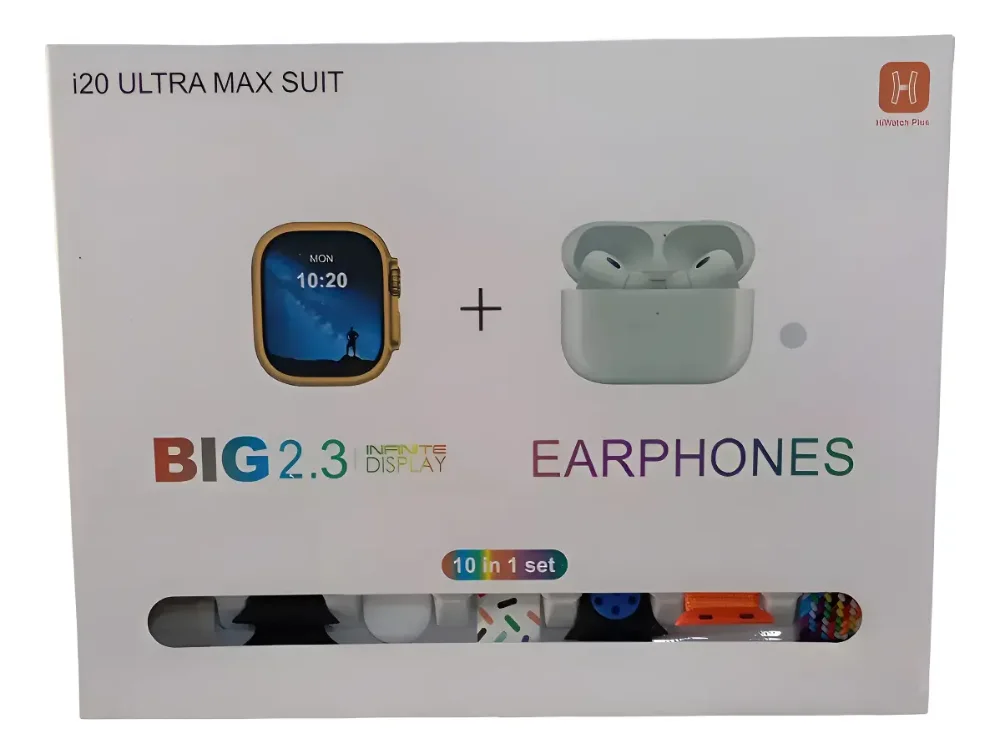 Smartwatch BIG 2.3 i20 ULTRA MAX SUIT con Audífonos y 7 Correas, Resistente al Agua