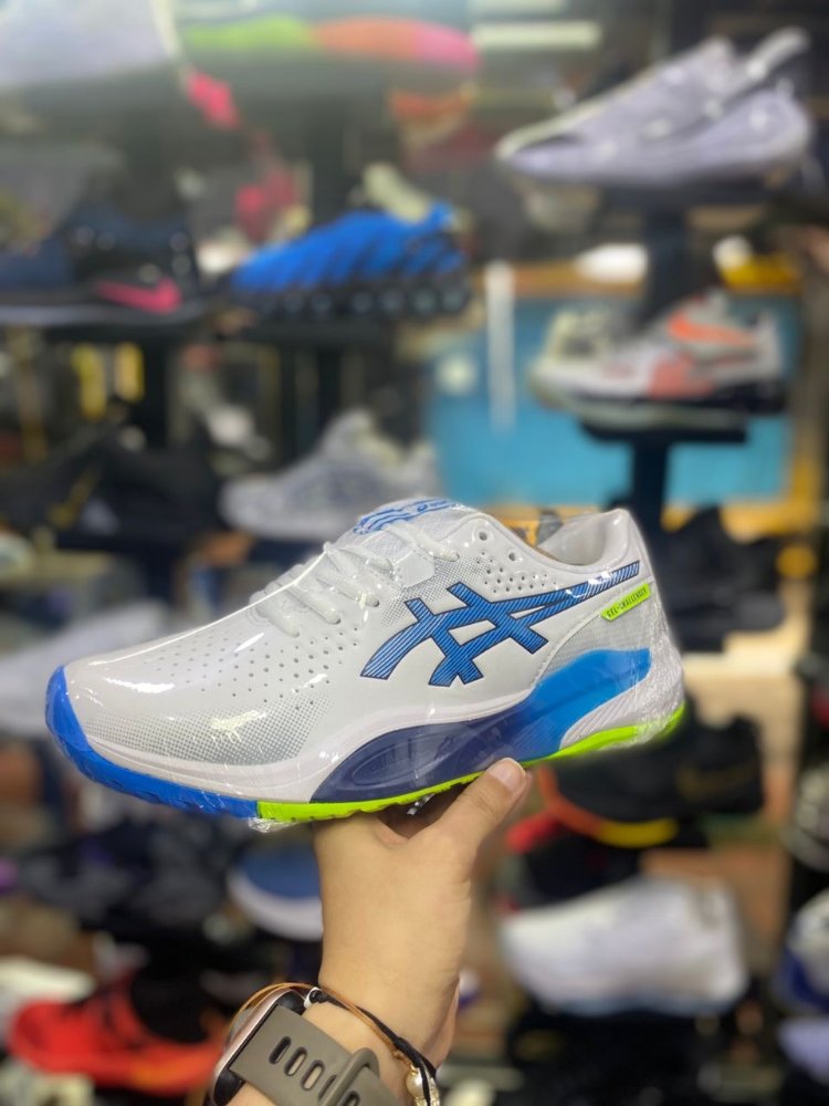 asics blanca azul