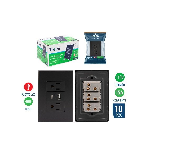 TOMACORRIENTE + USB + TIPO C NEGRO TROEN