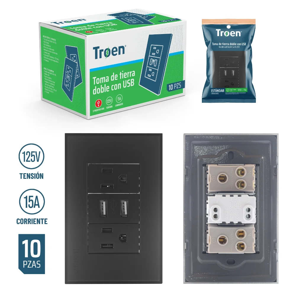 TOMACORRIENTE + USB NEGRO TROEN