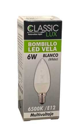 BOMBILLO LED VELA 6W LUZ BLANCA CLARO E12 CLASSIC LUX