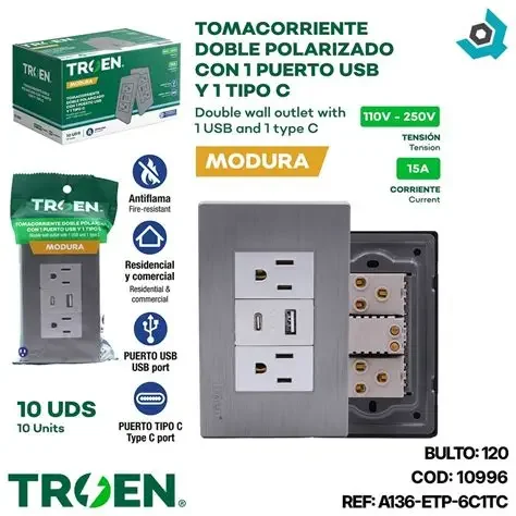 TOMACORRIENTE + USB + TIPO C PLATA TROEN