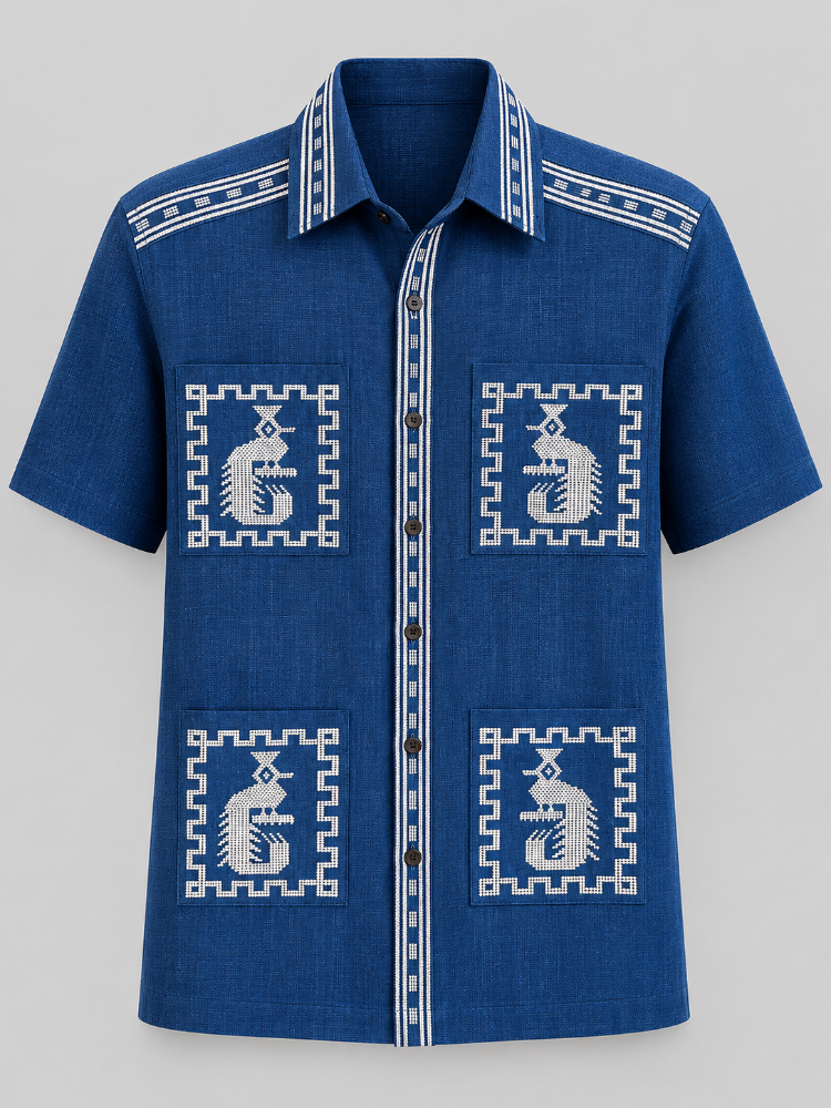 Guayabera Manga Corta Azul con Blanco