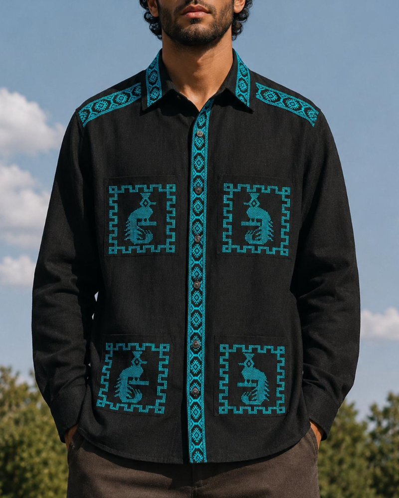 Guayabera Negro con Turqueza M/Larga.