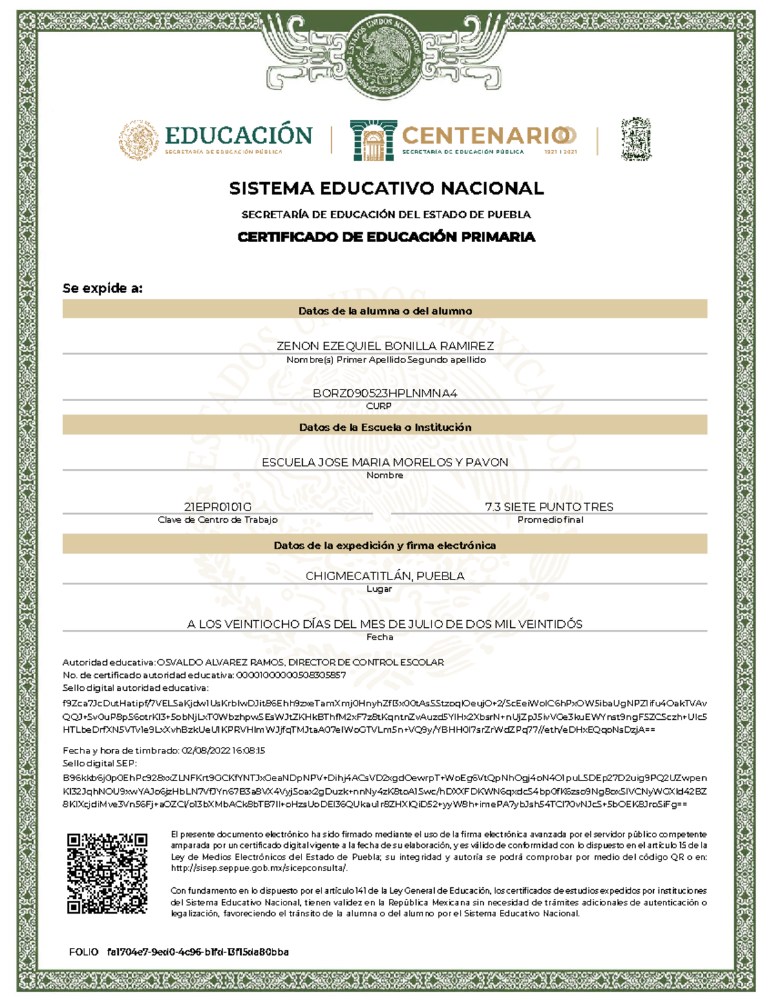 Certificado (Primaria,Secundaria)