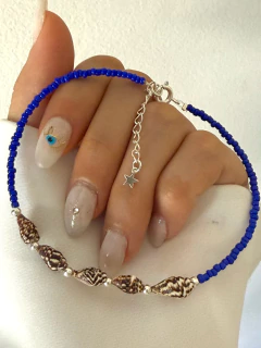 Tobillera mostacillas azules y caracoles marrones (21cm + 4cm)