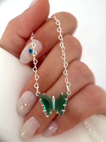 conjunto mariposa verde y cadena corazon (50cm)