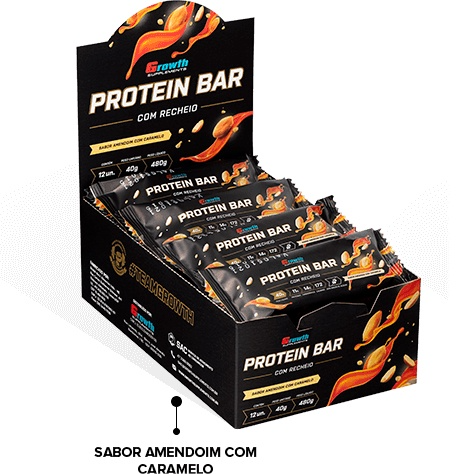 Barra de Proteína com recheio - Display C/ 12 Un. - Growth Supplements Sabor: Amendoim com Caramelo